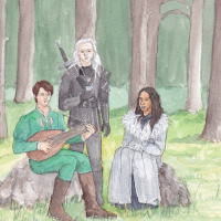 Yennefer, Geralt and Dandelion in the woods